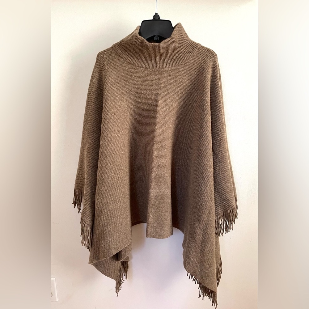 Brown Turtleneck Poncho Sweater with fringe
